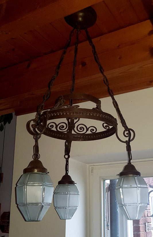 Art Nouveau Chandelier with Curved Iron Frame