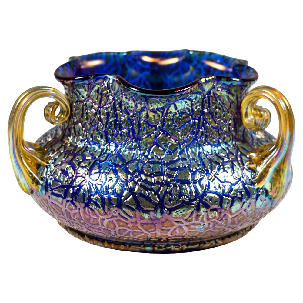 Art Nouveau Cobalt Mimosa Vase with 3 Handles from Loetz Glass, Austria-Hungary, 1911s