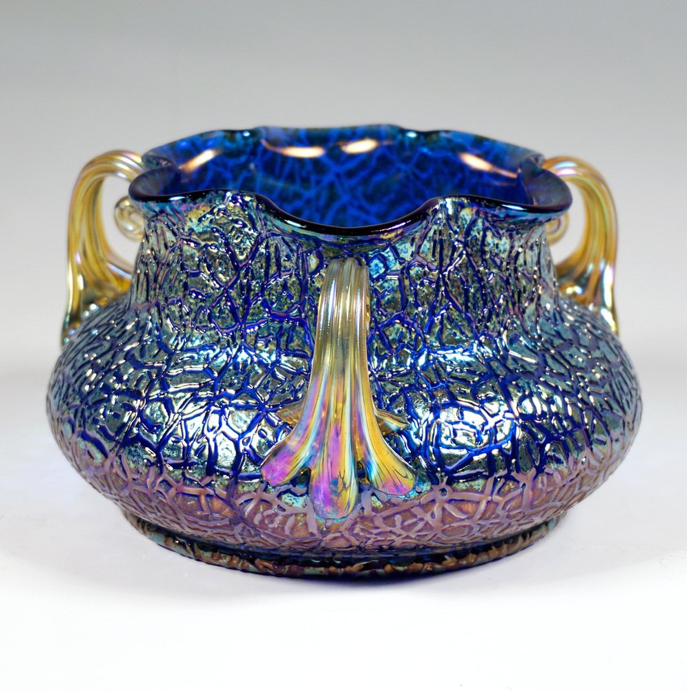 Art Nouveau Cobalt Mimosa Vase with 3 Handles from Loetz Glass, Austria-Hungary, 1911s