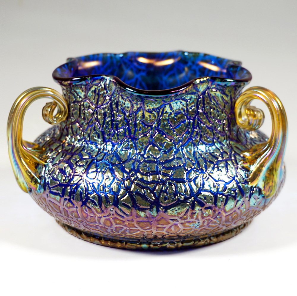 Art Nouveau Cobalt Mimosa Vase with 3 Handles from Loetz Glass, Austria-Hungary, 1911s