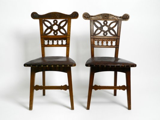 Art Nouveau Decorated Oak Chairs with Original Leather Seats, 1900, Set of 2-RR-1314066