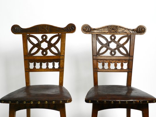 Art Nouveau Decorated Oak Chairs with Original Leather Seats, 1900, Set of 2-RR-1314066