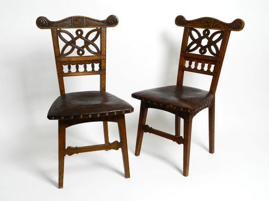 Art Nouveau Decorated Oak Chairs with Original Leather Seats, 1900, Set of 2-RR-1314066