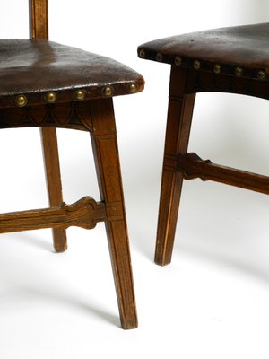 Art Nouveau Decorated Oak Chairs with Original Leather Seats, 1900, Set of 2-RR-1314066