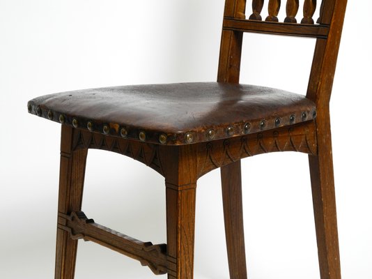 Art Nouveau Decorated Oak Chairs with Original Leather Seats, 1900, Set of 2-RR-1314066