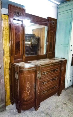 Art Nouveau Dresser with Mirror, Inlays, Brass & Pink Marble, Italy-RAQ-1175720