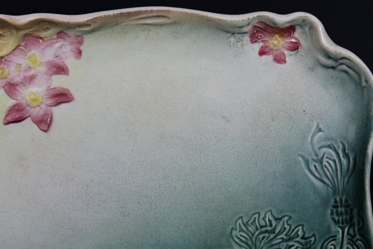 Art Nouveau Earthenware Dish with Green and Pink Flower Decor, 1900s-1910s