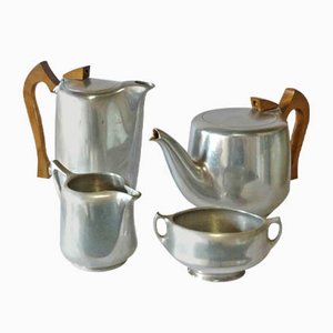 Art Nouveau English Aluminum Teak and Coffee Set from Picquot Ware, 1900s, Set of 4-GKB-706968