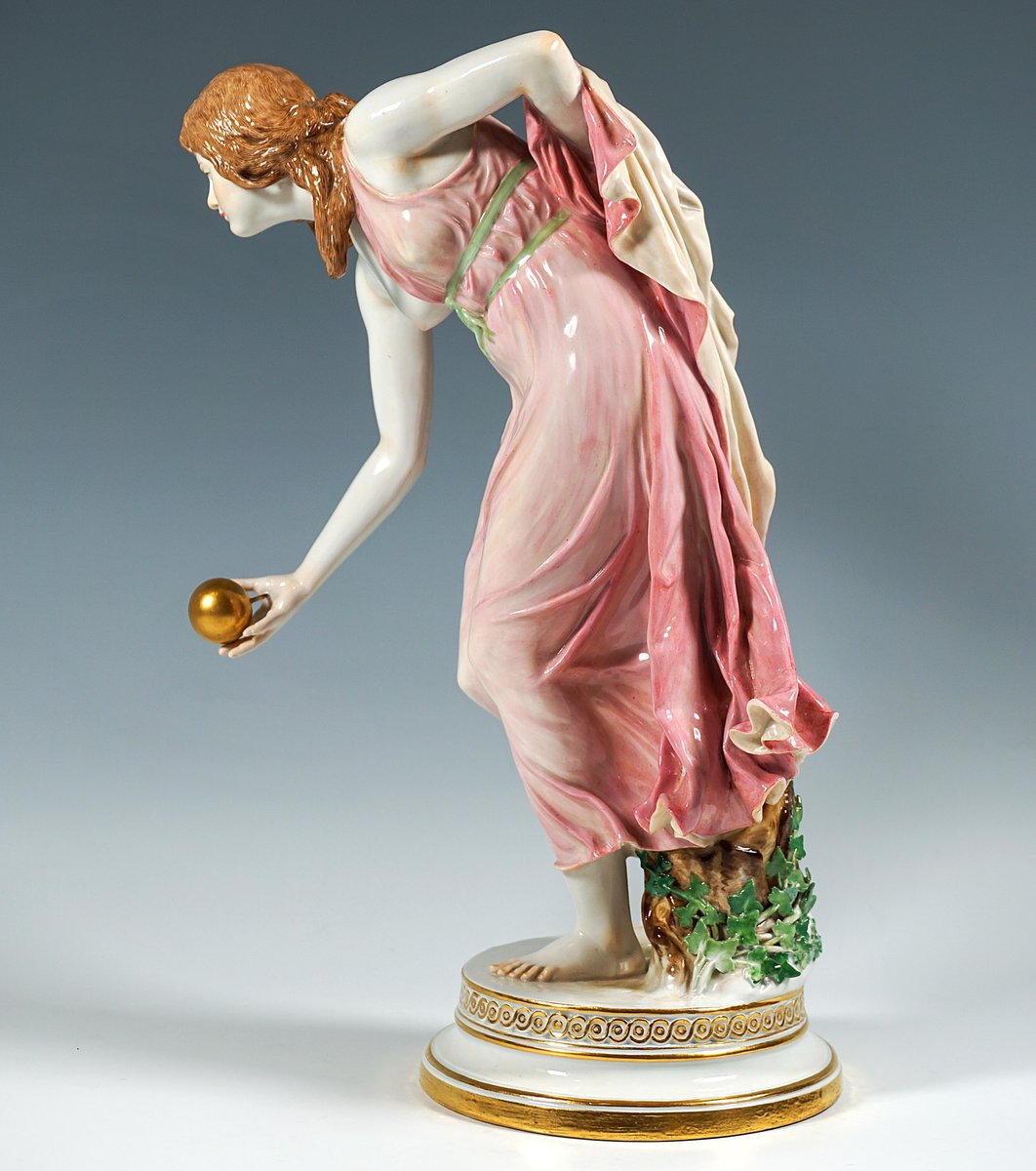 Art Nouveau Figurine Young Lady Ball Player attributed to Walter Schott for Meissen, 1900s