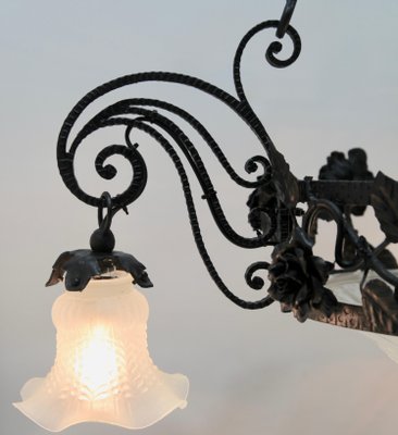 Art Nouveau Forged Metal Floral Chandelier from Luneville, 1930s-MJY-1148993