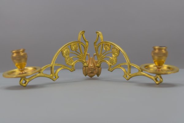 Art Nouveau French Brass and Bronze Twin Arm Wall Candle Sconce, 1920s-KEG-1719689