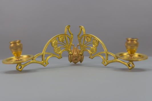 Art Nouveau French Brass and Bronze Twin Arm Wall Candle Sconce, 1920s