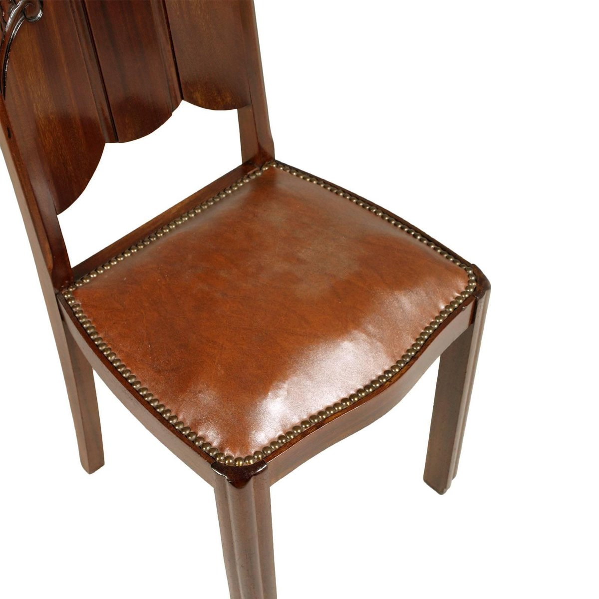 Art Nouveau French Carved Mahogany & Leatherette Chair, 1920s