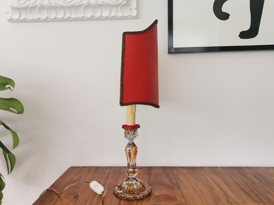 Art Nouveau French Crystal Glass Red Silk Half Shade Table Lamp, 1940s-SCS-1134294