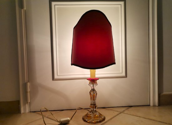 Art Nouveau French Crystal Glass Red Silk Half Shade Table Lamp, 1940s-SCS-1134294