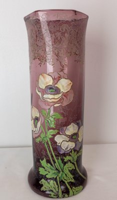 Art Nouveau French Enamelled Glass Vase with Flowers, 1890s-RIU-1394189