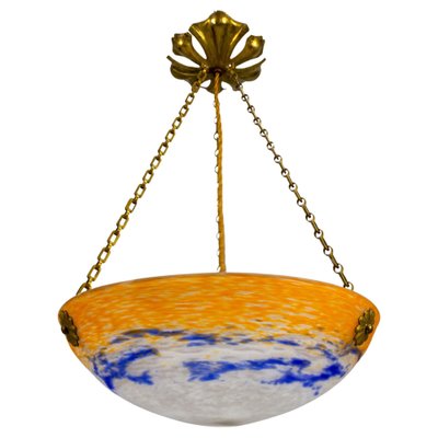 Art Nouveau French Orange, White and Blue Glass Pendant Light by Noverdy, 1920s-KEG-1789521