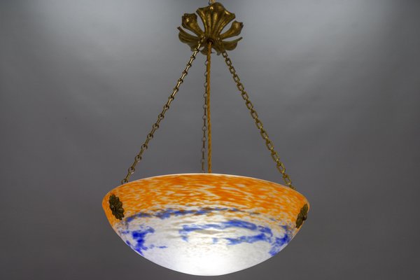 Art Nouveau French Orange, White and Blue Glass Pendant Light by Noverdy, 1920s-KEG-1789521