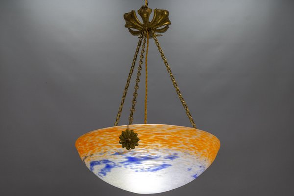 Art Nouveau French Orange, White and Blue Glass Pendant Light by Noverdy, 1920s-KEG-1789521