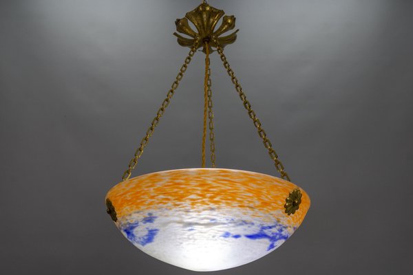 Art Nouveau French Orange, White and Blue Glass Pendant Light by Noverdy, 1920s-KEG-1789521