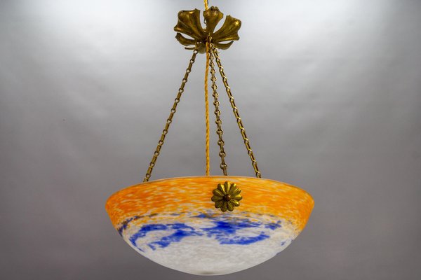 Art Nouveau French Orange, White and Blue Glass Pendant Light by Noverdy, 1920s-KEG-1789521