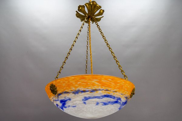 Art Nouveau French Orange, White and Blue Glass Pendant Light by Noverdy, 1920s-KEG-1789521