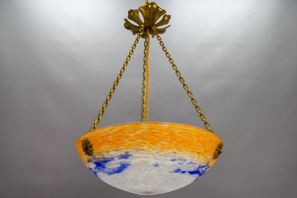 Art Nouveau French Orange, White and Blue Glass Pendant Light by Noverdy, 1920s-KEG-1789521