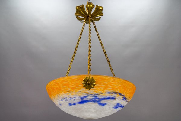 Art Nouveau French Orange, White and Blue Glass Pendant Light by Noverdy, 1920s-KEG-1789521