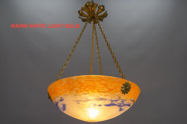 Art Nouveau French Orange, White and Blue Glass Pendant Light by Noverdy, 1920s-KEG-1789521