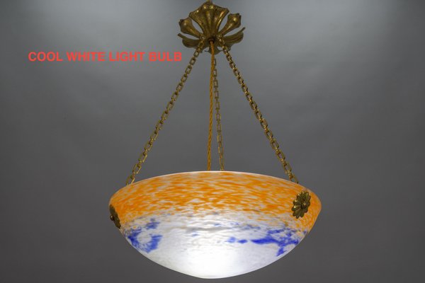 Art Nouveau French Orange, White and Blue Glass Pendant Light by Noverdy, 1920s-KEG-1789521