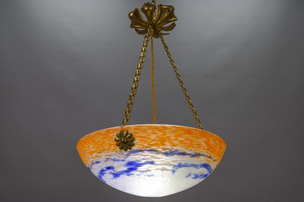 Art Nouveau French Orange, White and Blue Glass Pendant Light by Noverdy, 1920s-KEG-1789521