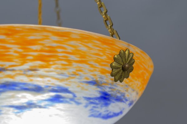 Art Nouveau French Orange, White and Blue Glass Pendant Light by Noverdy, 1920s-KEG-1789521