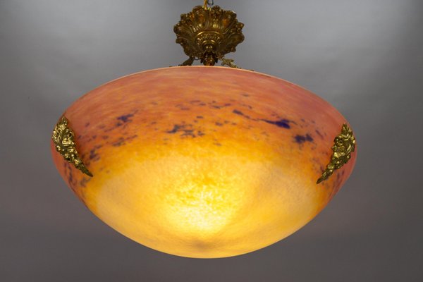 Art Nouveau FrenchBronze and Polychrome Glass Pendant Light from Degué, 1920s-KEG-1761413