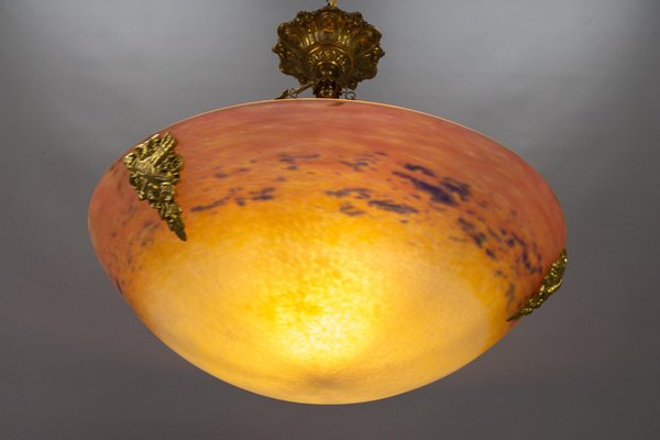 Art Nouveau FrenchBronze and Polychrome Glass Pendant Light from Degué, 1920s-KEG-1761413