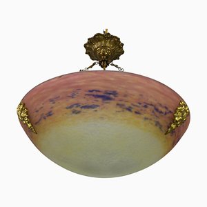 Art Nouveau FrenchBronze and Polychrome Glass Pendant Light from Degué, 1920s-KEG-1761413