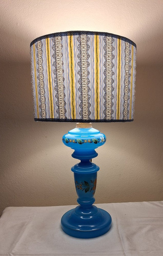 Art Nouveau German Table Lamp with Profiled Blue Glass Shade with Floral Decoration and a Handmade Fabric Shade from Lamplove, 1890s