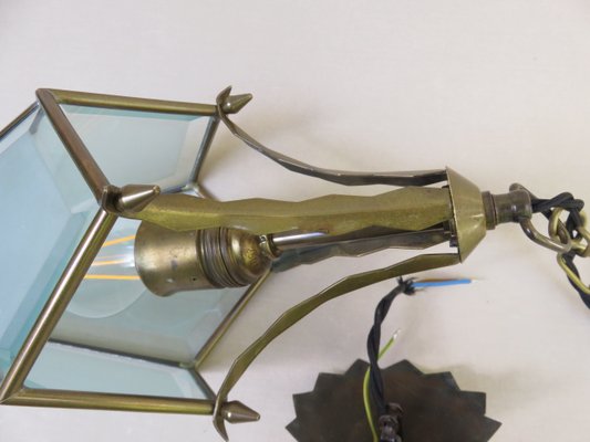 Art Nouveau Glass & Brass Ceiling Lamp-EY-847994