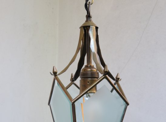 Art Nouveau Glass & Brass Ceiling Lamp-EY-847994