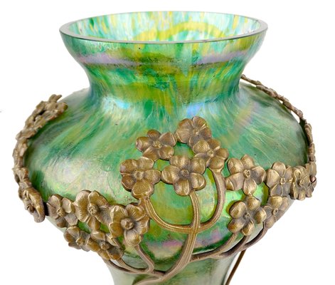 Art Nouveau Glass Vase with Bronze Overlay, 1900s-GUT-2033451