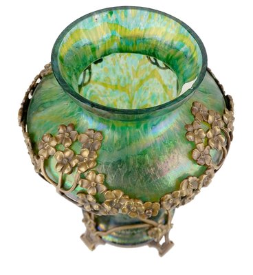 Art Nouveau Glass Vase with Bronze Overlay, 1900s-GUT-2033451