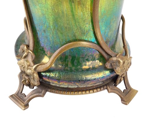 Art Nouveau Glass Vase with Bronze Overlay, 1900s-GUT-2033451