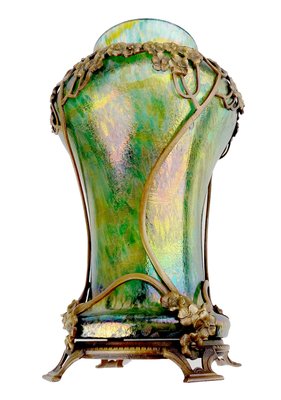 Art Nouveau Glass Vase with Bronze Overlay, 1900s-GUT-2033451