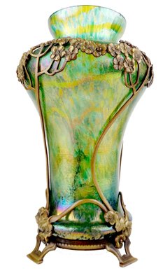 Art Nouveau Glass Vase with Bronze Overlay, 1900s-GUT-2033451