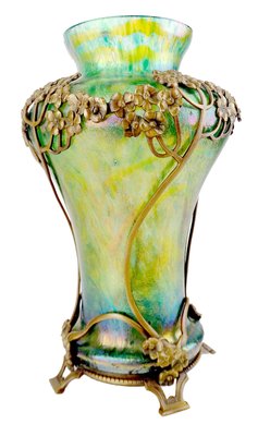 Art Nouveau Glass Vase with Bronze Overlay, 1900s-GUT-2033451