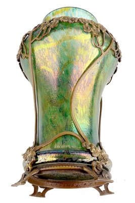 Art Nouveau Glass Vase with Bronze Overlay, 1900s-GUT-2033451