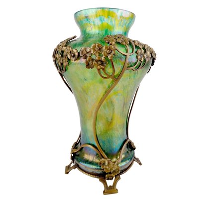 Art Nouveau Glass Vase with Bronze Overlay, 1900s-GUT-2033451