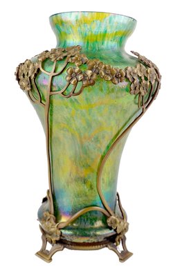 Art Nouveau Glass Vase with Bronze Overlay, 1900s-GUT-2033451