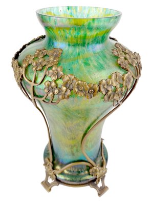 Art Nouveau Glass Vase with Bronze Overlay, 1900s-GUT-2033451