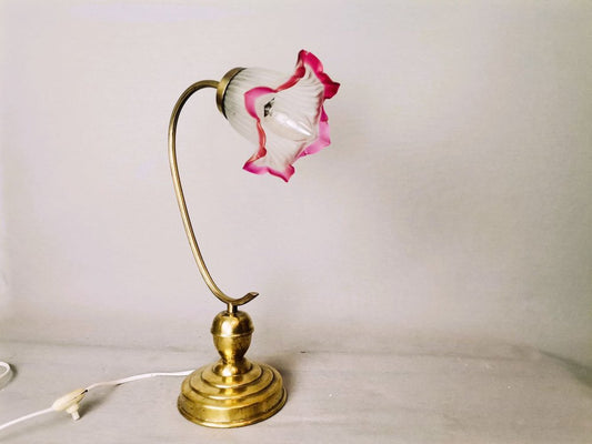 Art Nouveau Golden Brass and Pink Frosted Glass Table Lamp, 1930s