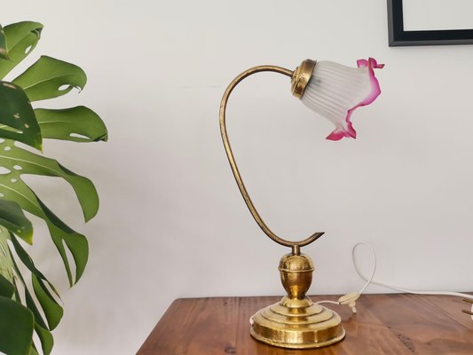 Art Nouveau Golden Brass and Pink Frosted Glass Table Lamp, 1930s-SCS-1220300